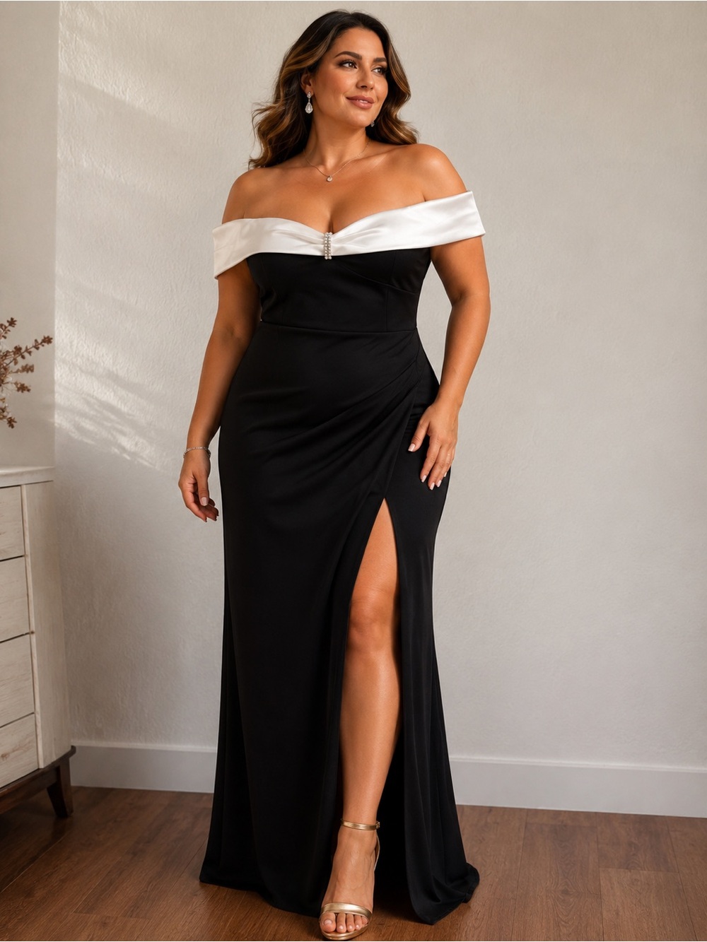 NEW SLNY Black Gown with White Folded One-Shoulder Neckline size 16